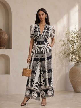 Farm Rio Anthropologie Printed Wide Leg Jumpsuit XS Boho Resort Palazzo